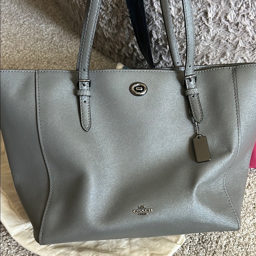 Vintage Coach Gray Pebbled Leather Turnlock Laptop Tote